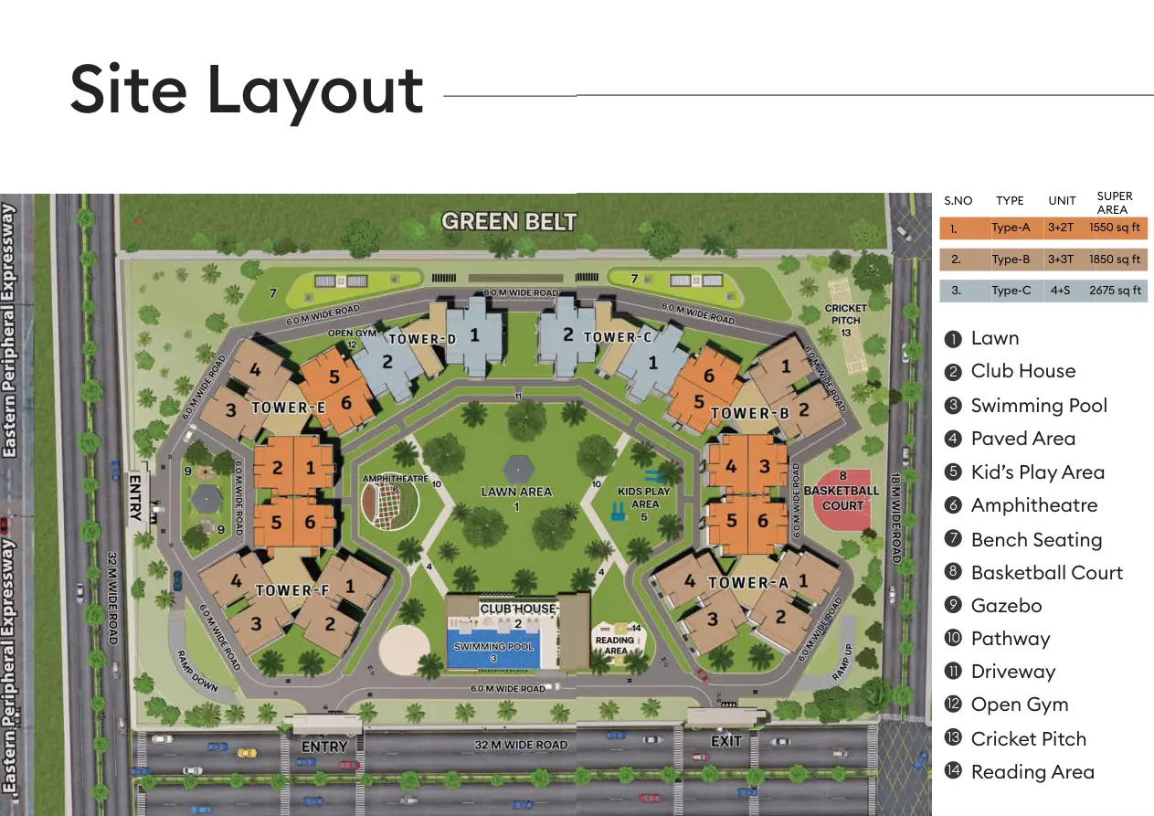 Circuit Heights site plan showing tower placement and landscaped recreation zones